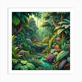 Enchanting Lush Jungle With Animals And Stream Art Print