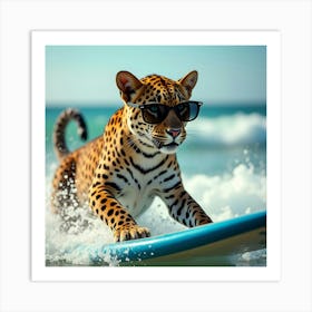 Leopard On Surfboard Art Print