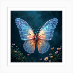 A Mythical Butterfly With Wings Of Translucent, Liquid Crystal Fluttering In A Starry Garden 1 Art Print