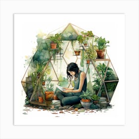 Girl Reading In A Terrarium Greenhouse With Plants Watercolour Art Print