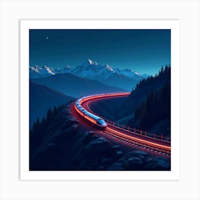 High Speed Train Flying Through The Mountains At Night, Glowing Neon 1 Art Print