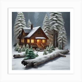 Small wooden hut inside a dense forest of pine trees with falling snow Art Print