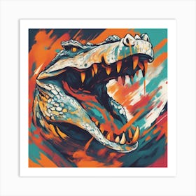 An Abstract Representation Of A Roaring Crocodile, Formed With Bold Brush Strokes And Vibrant Colors Art Print