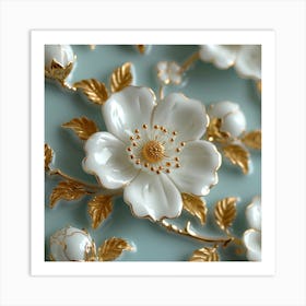 White Flowers With Gold Leaves Art Print