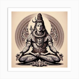 "Ascetic Grace: Lord Shiva in Meditative Repose" - This artwork is a profound representation of Lord Shiva, the Hindu deity of destruction and regeneration, depicted in deep meditation. The sepia tones and intricate patterns that adorn his form and the mandala behind him reflect the complexity and richness of spiritual practice. The image exudes a sense of peace and timeless wisdom, with Shiva's closed eyes and serene posture inviting onlookers to explore their own inner peace. This piece is perfect for those who seek to bring a touch of divine contemplation and traditional elegance into their living space. Art Print