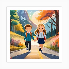 School Kids Walking On The Road Art Print