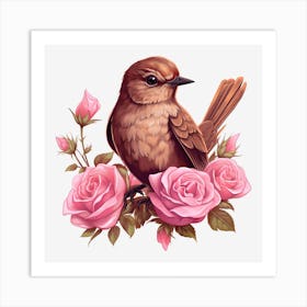 Bird On Roses 4 Art Print