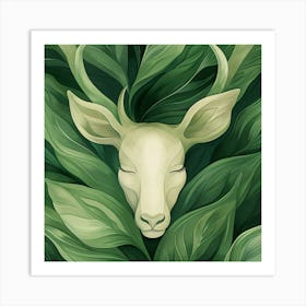 Deer Head In Green Leaves Art Print