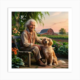 Dog and owner enjoying farm sunset 1 Art Print