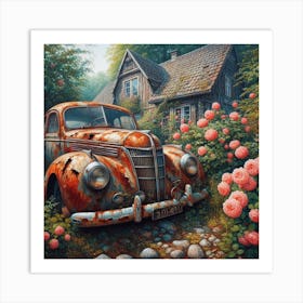 Old Car And Roses Art Print