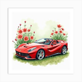 Ferrari Surrounded By Watercolor Spring Flowers And Fresh Greenery 1 Art Print