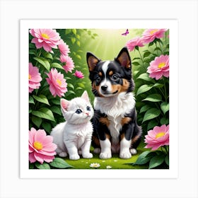 Dog And Cat In The Garden Art Print