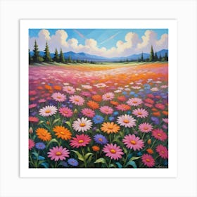 Vibrant Wildflower Meadow With Mountain View Art Print