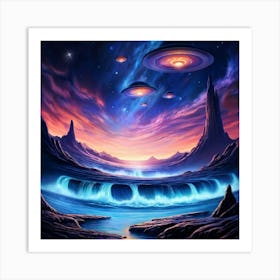 Surreal Hand Drawn Fantasy Floating Ufos Of Varied Designs Hover Above Undulating Dreamlike Waves Art Print