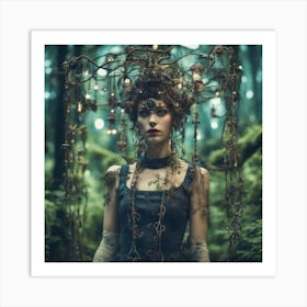 Chained Steampunk Noble Mossy Forrest Woman Art Print