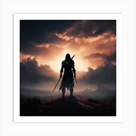 Witcher 3, A Silhouette Of A Warrior Standing Tall On A Battlefield With A Serene Background Signifying Inner Art Print