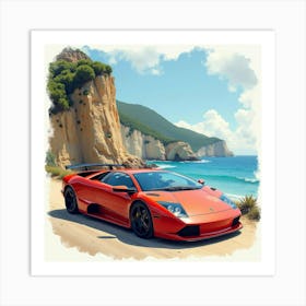 Lamborghini Murciélago With A Watercolor Dramatic Coastal Cliff 1 1 Art Print