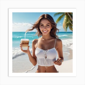 Beautiful Woman On The Beach With Coffee Art Print