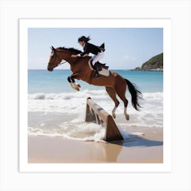 Horse Jumping On The Beach Art Print