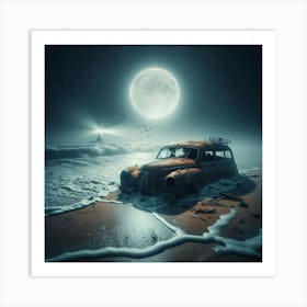 Abandoned Car On The Beach with river 1 Art Print