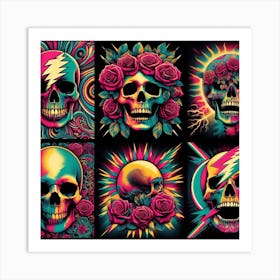 Grateful Dead Art: This artwork is inspired by the American rock band Grateful Dead, known for their eclectic style and psychedelic imagery. The artwork features a colorful skull with roses, a symbol of the band’s logo and album covers. The artwork also has some musical notes and stars in the background, representing the band’s musical influence and legacy. This artwork is suitable for fans of Grateful Dead or classic rock music, and it can be placed in a living room, bedroom, or music studio. Art Print