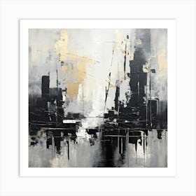 Abstract Cityscape, Create An Abstract Composition With Bold Black Brushstrokes On A Light Grey Canvas Emphasizing Art Print