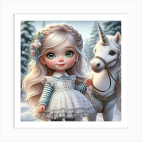 Cute Little Girl With A Unicorn Art Print