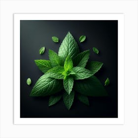 Mint Leaves On Black Background 3 Art Print