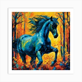 Blue Horse In The Forest Art Print