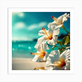 Blue Sea on the Beach with White Hibiscus Flowers 1 Art Print