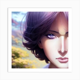 Anime Girl With Purple Hair Hyper-Realistic Anime Portraits 1 Art Print
