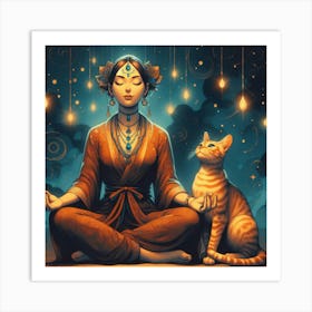 Meditating Woman With Cat 6 Art Print