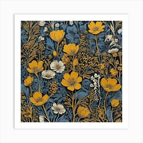 Linocut Flower Meadow Mustard Blue Art Print 2 Art Print