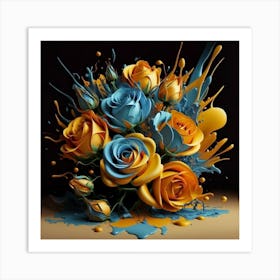 Blue And Yellow Roses splash flowers spring Art Print