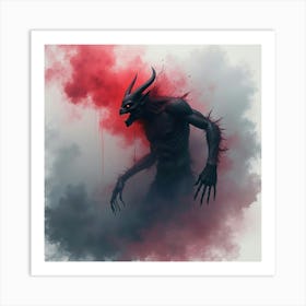 Demon Emerging From Dark Watercolor Mist, Colorful, Eerie Vibe 1 Art Print