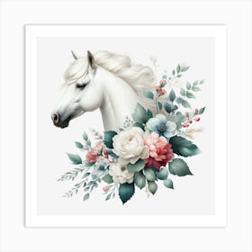 White Horse With Flowers Art Print