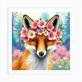 A Fox Wearing A Wreath Of Pastel Flowers, With A Colorful Watercolor Forest Behind Art Print