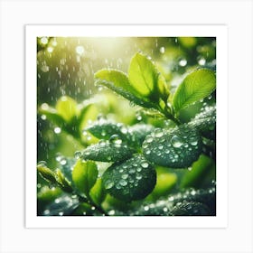 Raindrops On Green Leaves Art Print