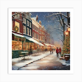 Amsterdam cafes, winter season, Christmas, pale colors, pedestrians in the street, winter clothes, falling snow.18 Art Print