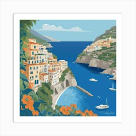 Italy Amalfi Coast Cute Illustration In Blue Art Print 1 Art Print