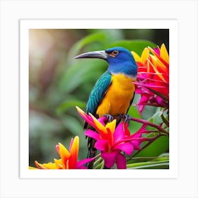 Beautiful Bird on Colorful Flower Art Print