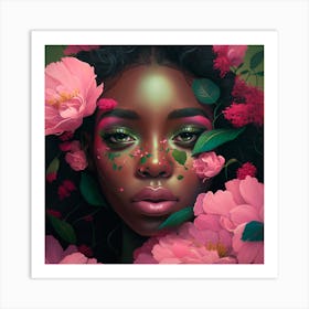 Portrait Of A Black Woman With Flowers Art Print