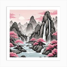 Chinese Landscape With Waterfalls, Black And Pink Art Print