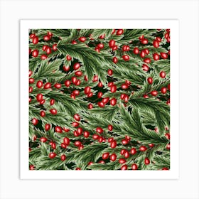 Fir Branches And Lingonberry Seamless Pattern on Green Art Print