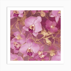 Seamless Pattern Of Elegant Orchid Floral Motifs In Pink, Adorned With Gold Lines Art Print