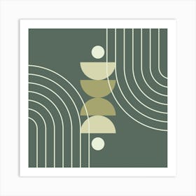 Mid Century Modern Geometric Abstract Shapes, Rainbow, Sun, Moon Phases in Sage Green 1 Art Print