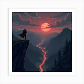 A Knight Standing On A Cliff, Overlooking A Glowing Valley 1 Art Print