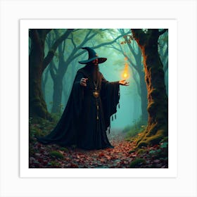 Black Magic Sorcerer Casting Spells In A Colorful Forest 1 Art Print