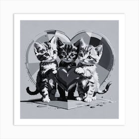 Three Kittens Holding A Heart Art Print