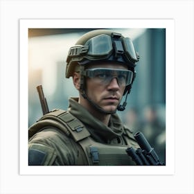 Soldat Forces Sp Ciales Dans Des Lunettes Avec Des Armes Dans Les Mains Sur Fond Futuriste Concept Militaire De L Avenir 0 Art Print